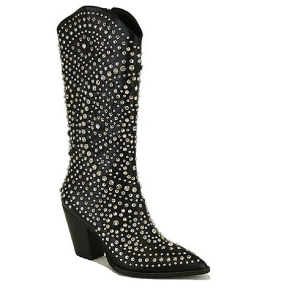 BEAST FASHION Shoes - Beast AUTUMN Tall Black Faux Leather Stud & Rhinestone Embellished Cowboy Boots